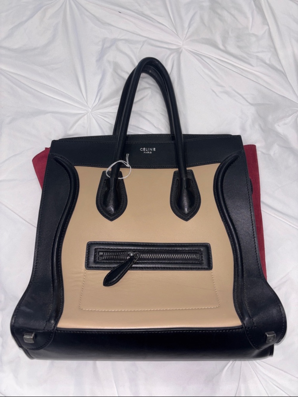 Beautiful designer bag …Beige, Black & Red Tricolor Leather Satchel